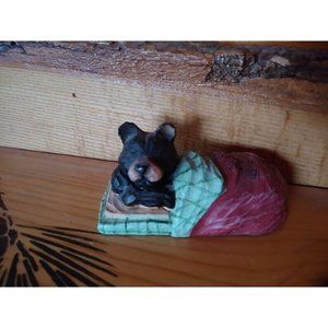 Young's Black Bear Faux Wood Carved Figurine Hibernating in Bed Cake Topper 3"